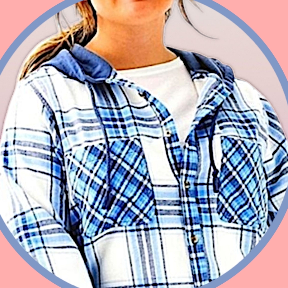 NWT 2XL Cropped Plaid Button Up Hoodie w 2 Pockets & High Low Hemline - Picture 6 of 16